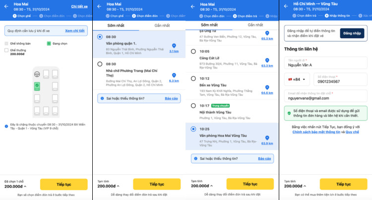 Giao diện chọn vị trí ghế ngồi trên sơ đồ xe khách
