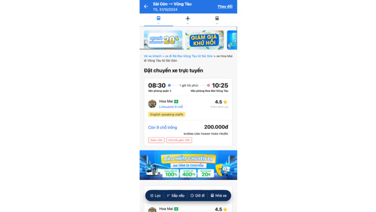 Màn hình lựa chọn hãng xe và giờ khởi hành phù hợp