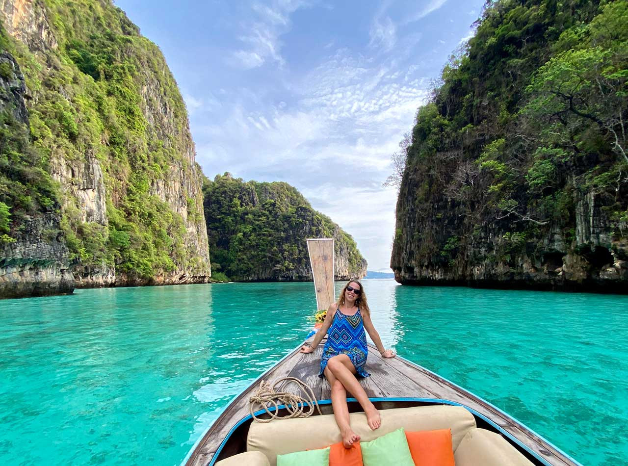 anna on longtail boat in phi ley lagoon koh phi phi thailang