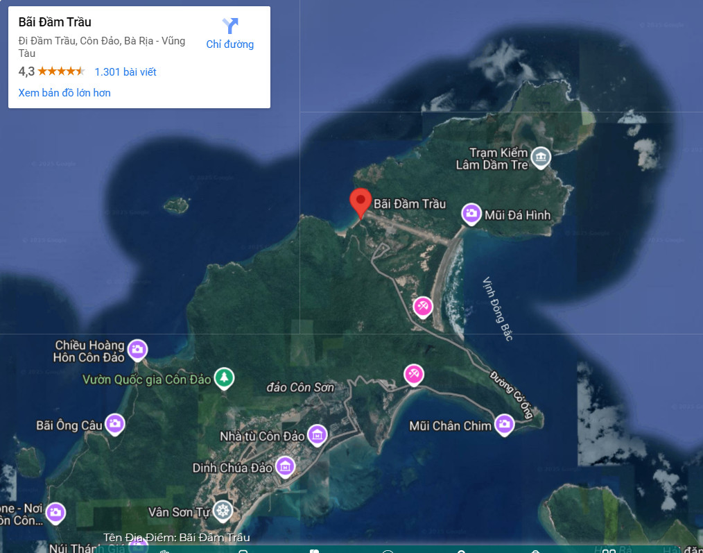 Bản đồ hoặc biển chỉ dẫn đường đi tới Bãi Đầm Trầu từ trung tâm Côn Đảo