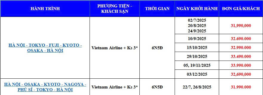 Bảng lịch khởi hành tour du lịch Nhật Bản chi tiết