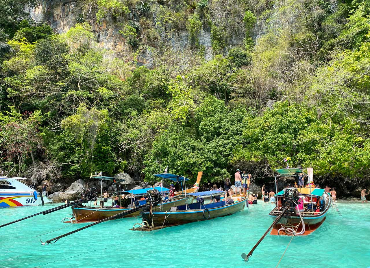 monkey beach koh phi phi boats and crowds