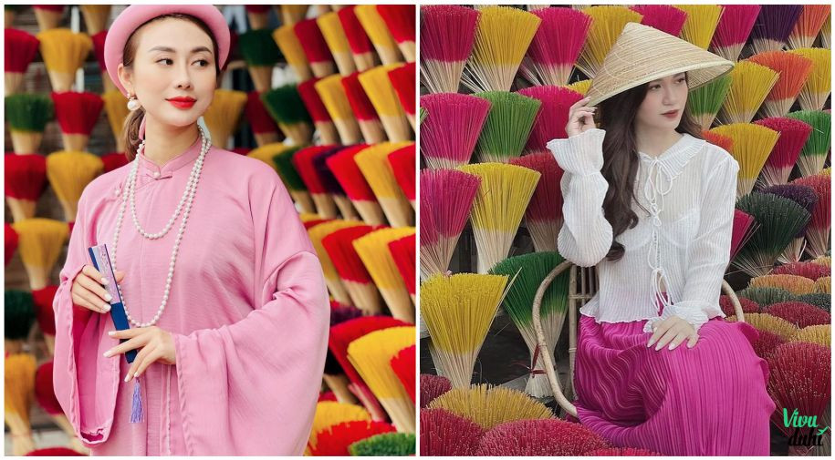 Làng Hương Huế ở Đâu? Khám Phá Làng Nghề Thủy Xuân Độc Đáo và Bí Quyết Trăm Năm Của Cố Đô 4 Du khách check-in và chụp ảnh tại làng hương Thủy Xuân với những bó hương đủ màu sắc