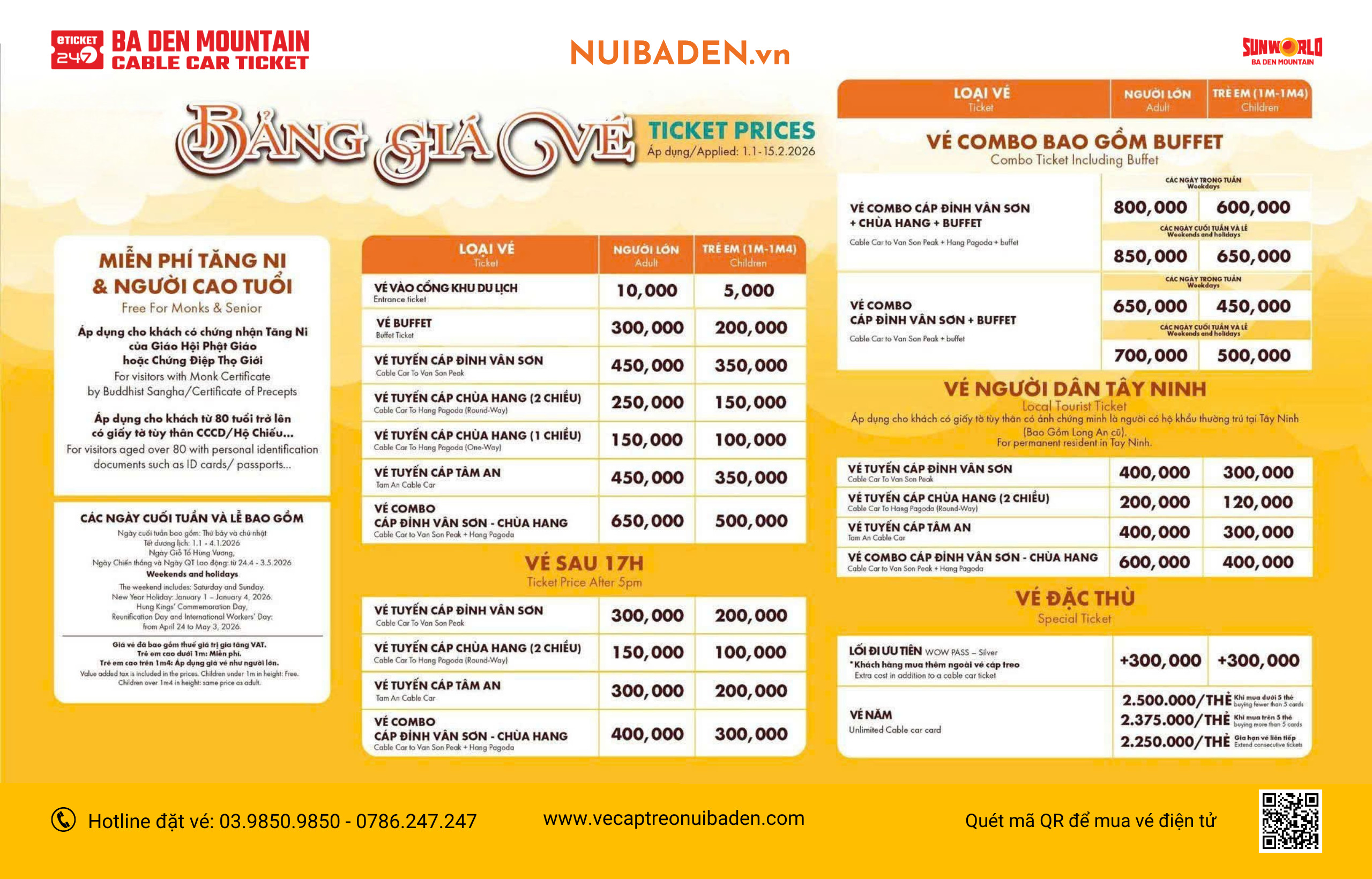 Bảng Giá Vé Cáp Treo Núi Bà Đen Áp Dụng 1/1 - 15/2/2026