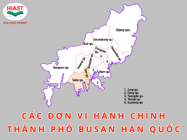 Bản đồ hành chính của Busan với 15 quận và 1 huyện