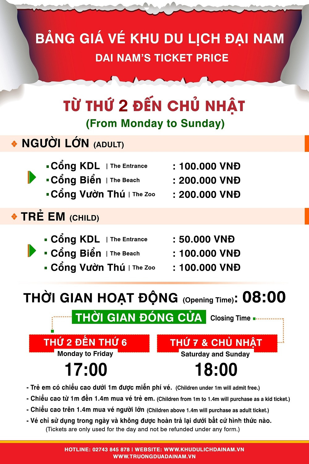 Bảng giá vé khu du lịch Đại Nam cập nhật mới nhất