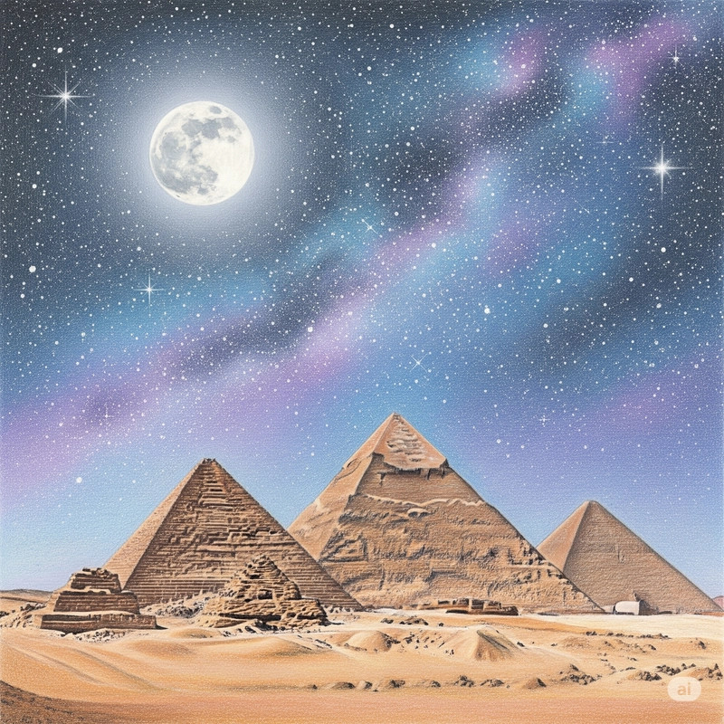 Tranh vẽ cảnh cổ đại Ai Cập có kim tự tháp và dòng sông Nile