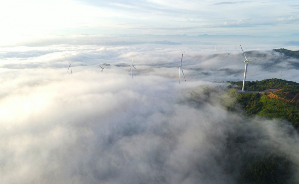 Các tuabin điện gió trắng nổi bật trên nền đồi xanh mướt và bầu trời nhiều mây tại Quảng Trị