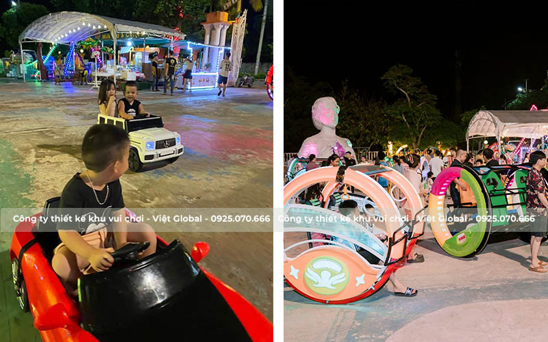 Các trò chơi vận động ngoài trời tại Pocolo Garden, bao gồm xe điện và tàu hỏa