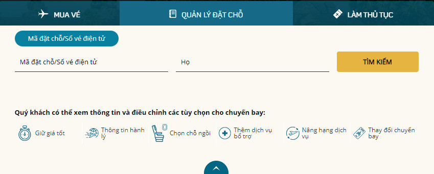 Khu vực nhập mã đặt chỗ và họ tên hành khách trên website Vietnam Airlines