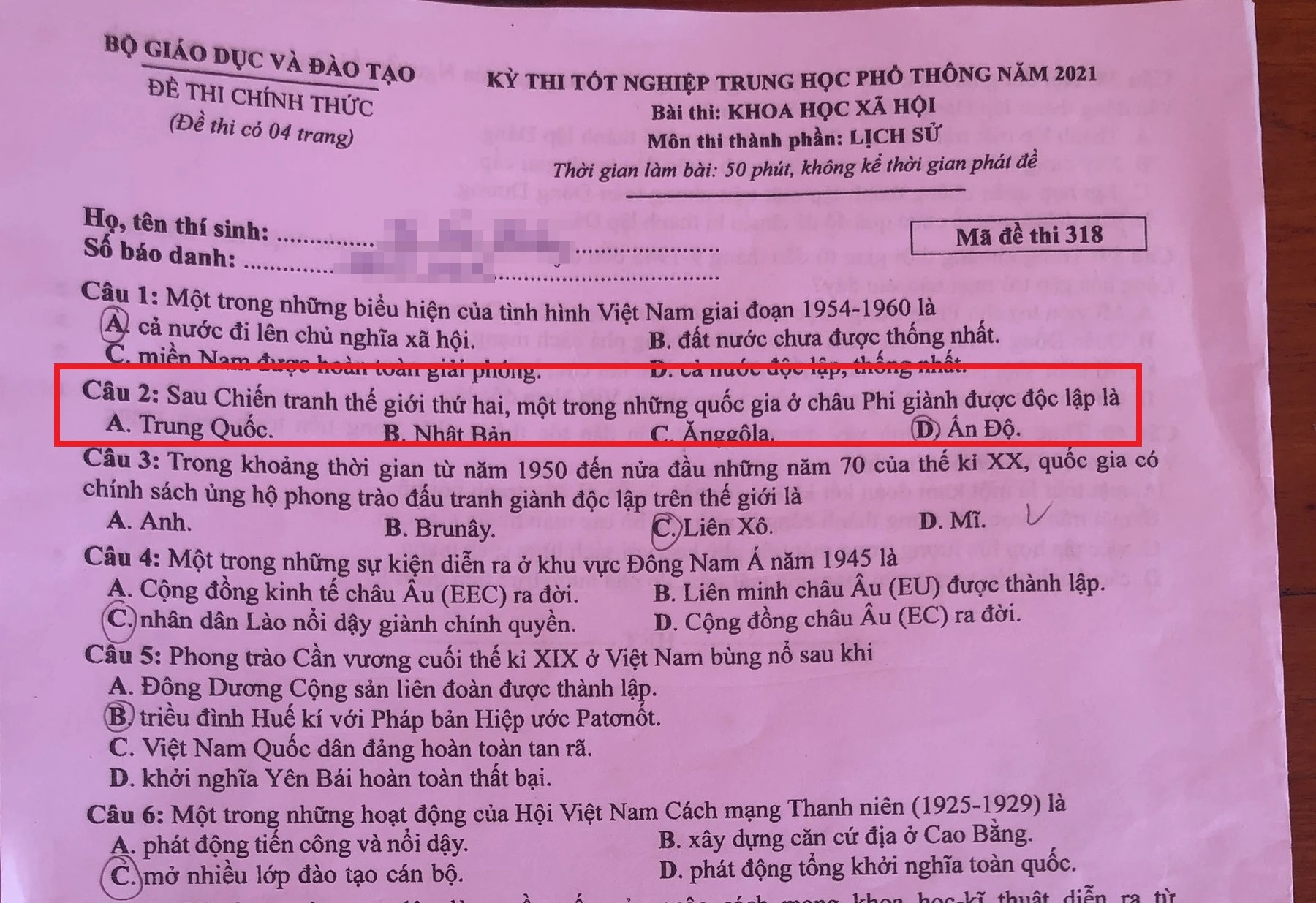 Thí sinh lựa chọn Ấn Độ cho câu hỏi về quốc gia châu Phi trong kỳ thi THPT 2021