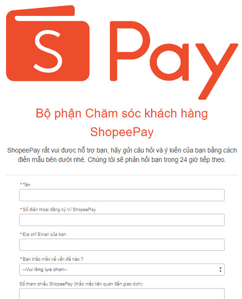 Giao diện liên hệ hỗ trợ khách hàng của ShopeePay qua website