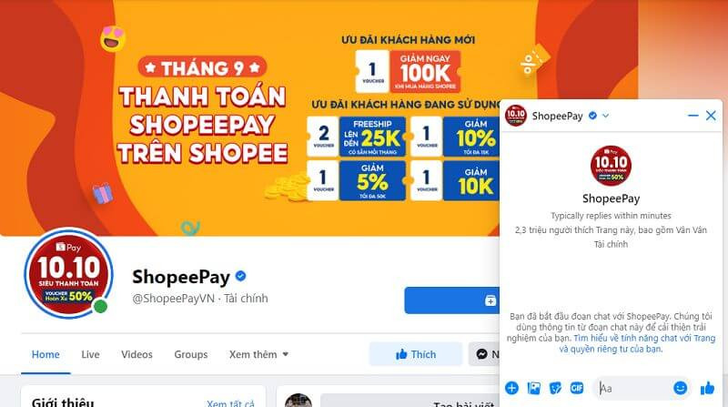 Ứng dụng Facebook hiển thị trang Fanpage chính thức của ShopeePay Vietnam
