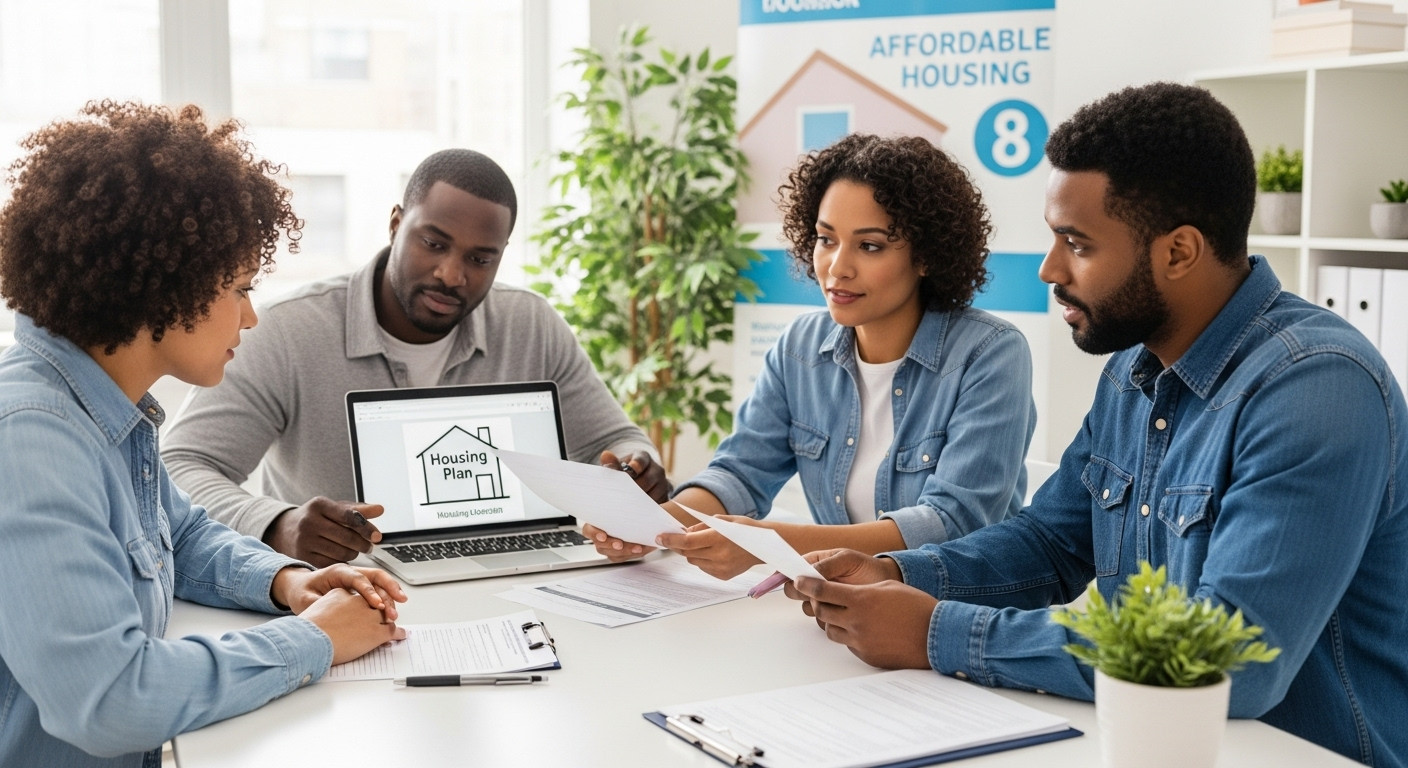 Người phụ nữ trẻ đang nói chuyện với người đàn ông lớn tuổi về giấy tờ hỗ trợ thuê nhà