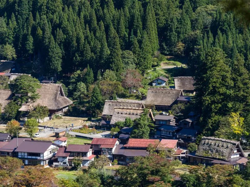 Khung cảnh toàn bộ làng cổ Shirakawago nhìn từ Đài quan sát tàn tích lâu đài Ogimachi