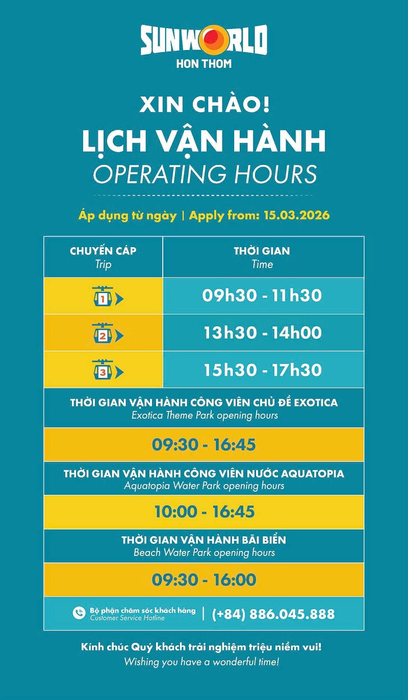 Bảng lịch trình vận hành chi tiết của cáp treo Hòn Thơm