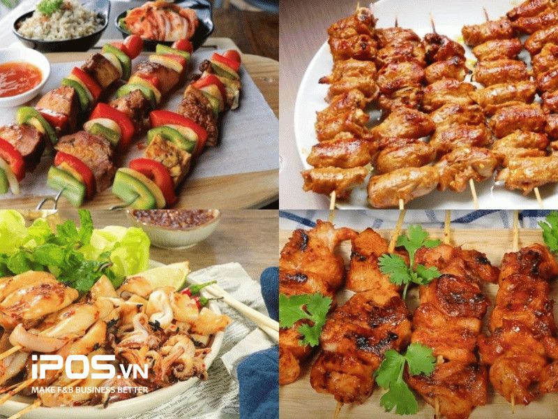 Những xiên thịt nướng thơm phức đang được nướng trên bếp than hồng
